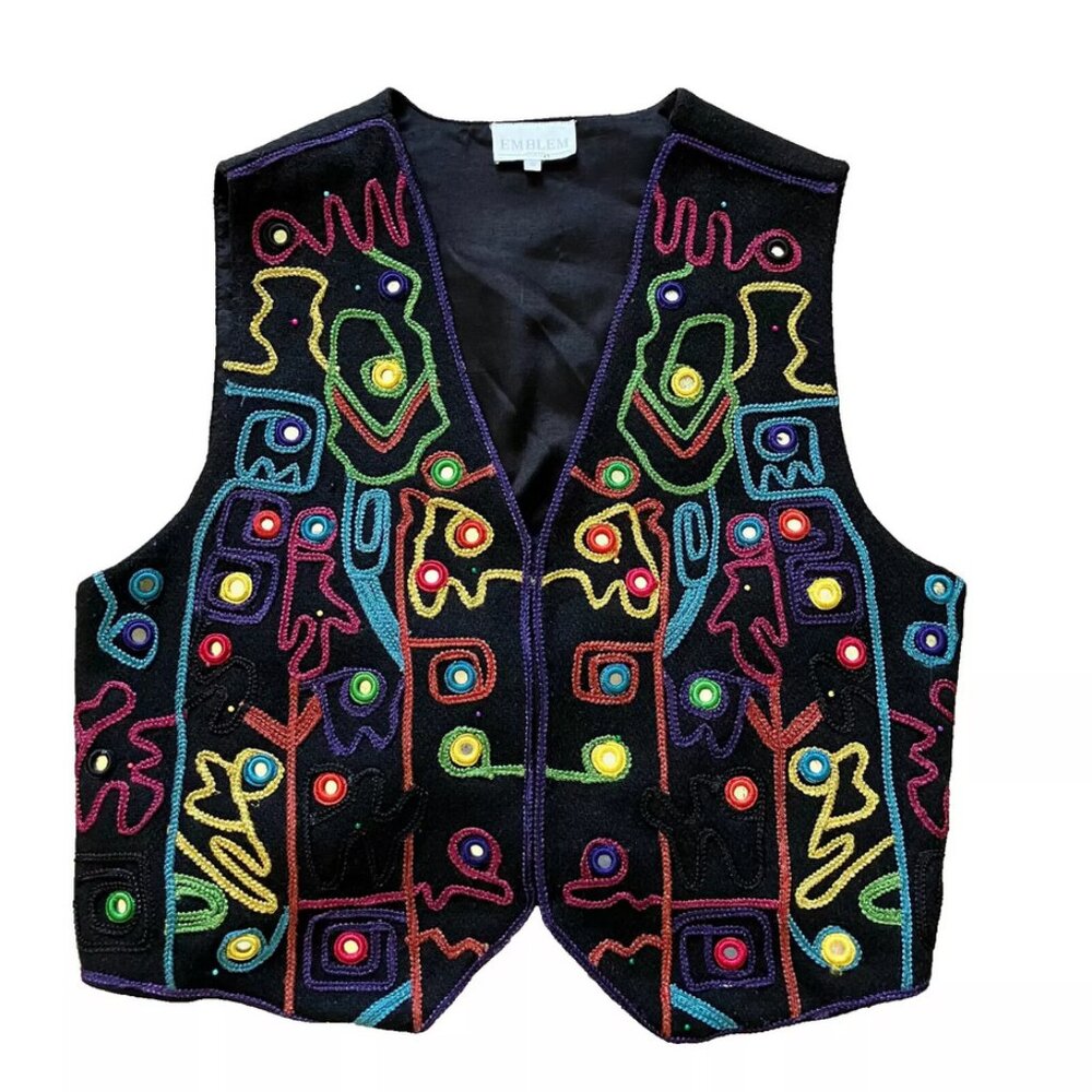Embroidered Wool Blend Vest Colorful Abstract Design Vtg 90s Emblem Small
